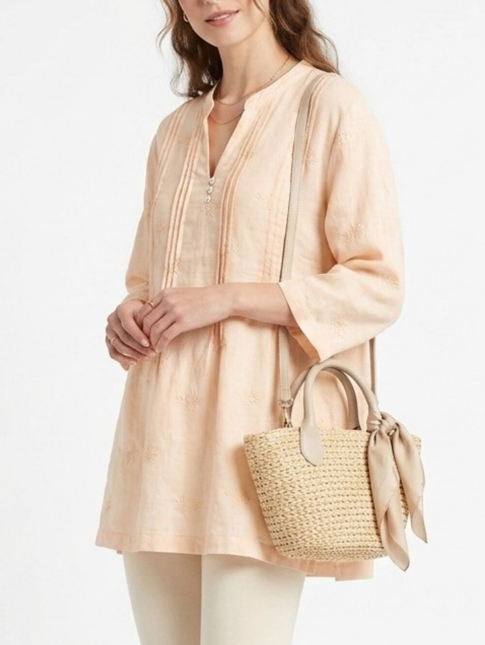 Sympli 100% Linen V-Neck Embroidered Top 3/4 Sleeve Light Neutral XL/XXL